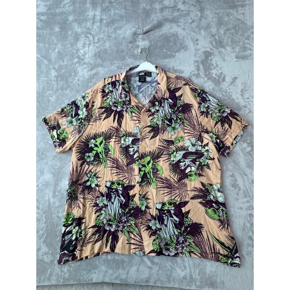 Star Wars Grogu Tropical Hawaiian Shirt 3XL Peach Purple Rayon Button Up Top